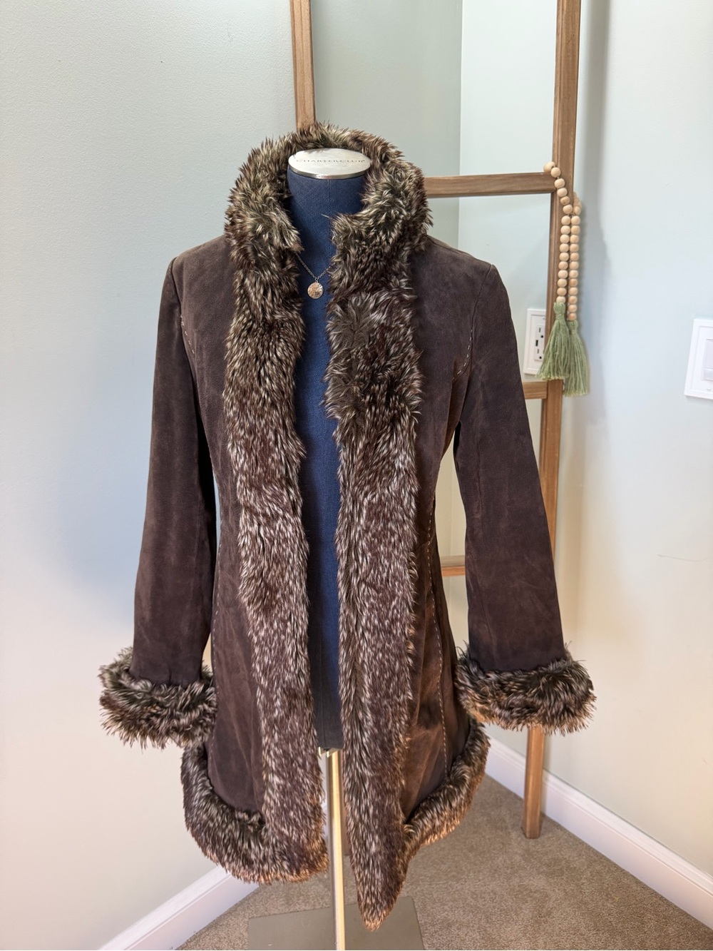 Massini Brown Suede Leather Faux Fur Trim Penny Lane Jacket Coat Size Small VTG